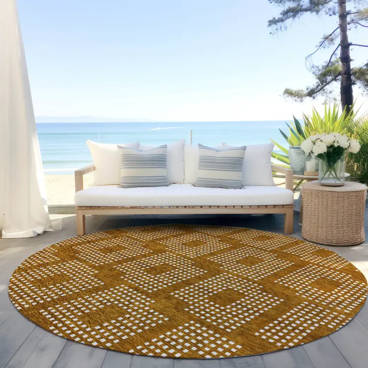 8' Terra Cotta And Ivory Round Geometric Washable Indoor Outdoor Area Rug