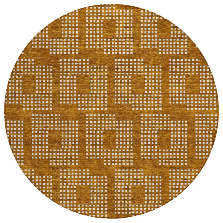 8' Terra Cotta And Ivory Round Geometric Washable Indoor Outdoor Area Rug