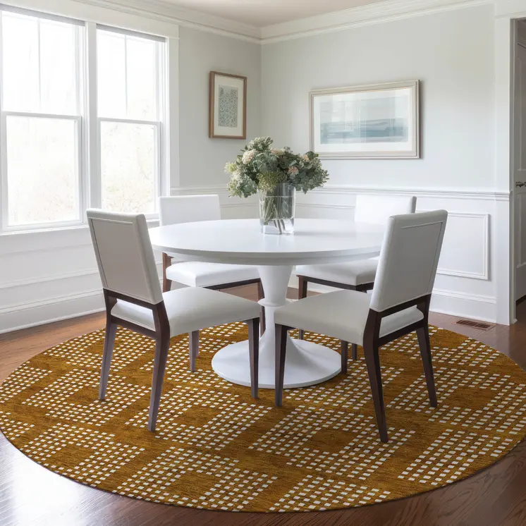 8' Terra Cotta And Ivory Round Geometric Washable Indoor Outdoor Area Rug