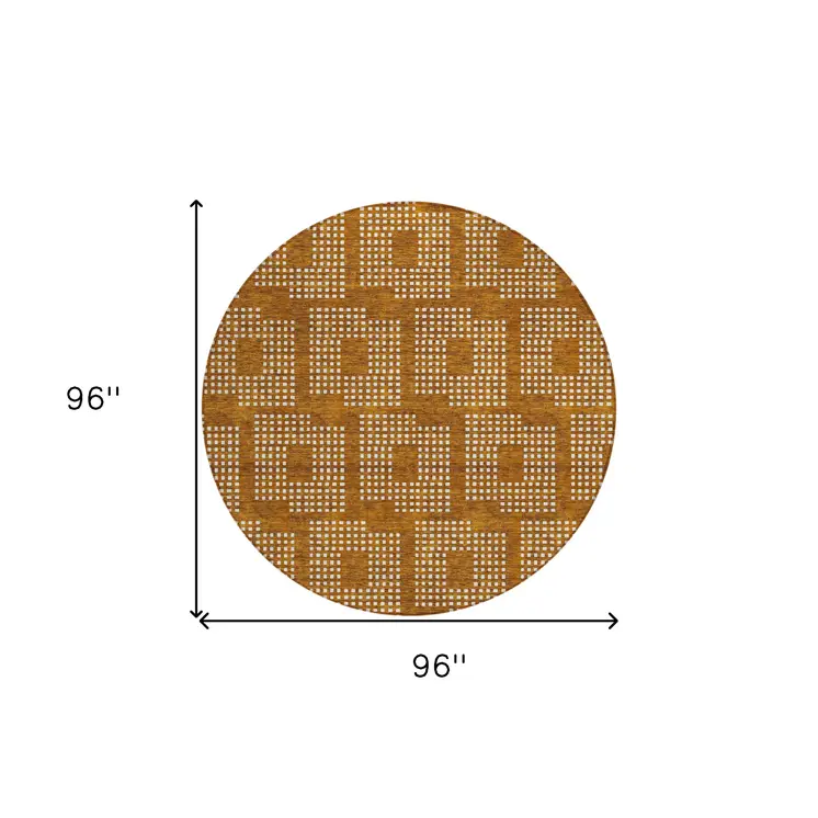 8' Terra Cotta And Ivory Round Geometric Washable Indoor Outdoor Area Rug