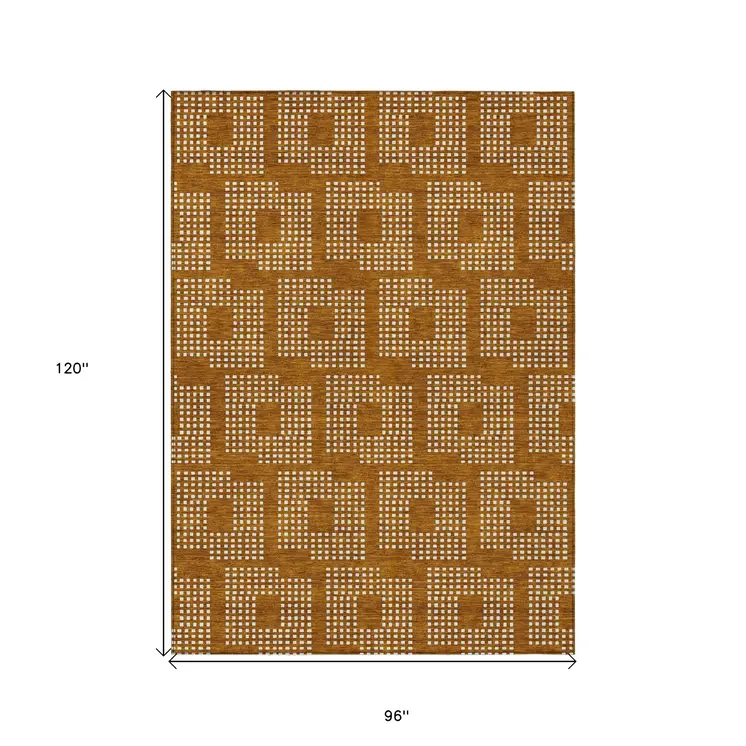 8' X 10' Terra Cotta And Ivory Geometric Washable Indoor Outdoor Area Rug