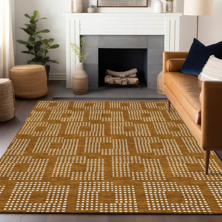 8' X 10' Terra Cotta And Ivory Geometric Washable Indoor Outdoor Area Rug