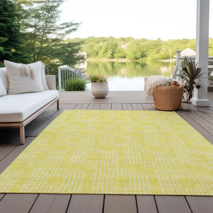 5' X 8' Yellow And Ivory Geometric Washable Indoor Outdoor Area Rug