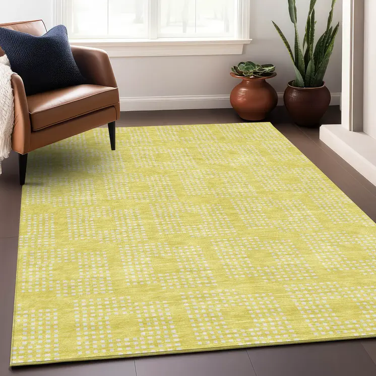 5' X 8' Yellow And Ivory Geometric Washable Indoor Outdoor Area Rug