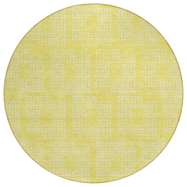 8' Yellow And Ivory Round Geometric Washable Indoor Outdoor Area Rug