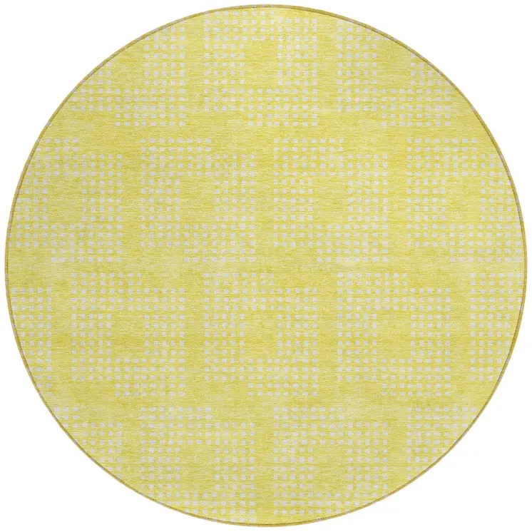 8' Yellow And Ivory Round Geometric Washable Indoor Outdoor Area Rug