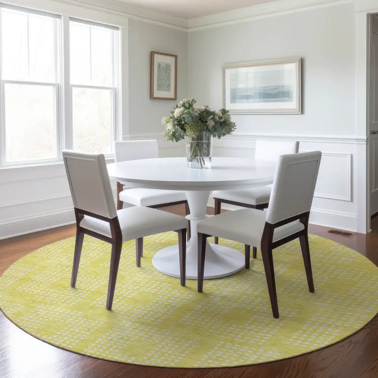 8' Yellow And Ivory Round Geometric Washable Indoor Outdoor Area Rug