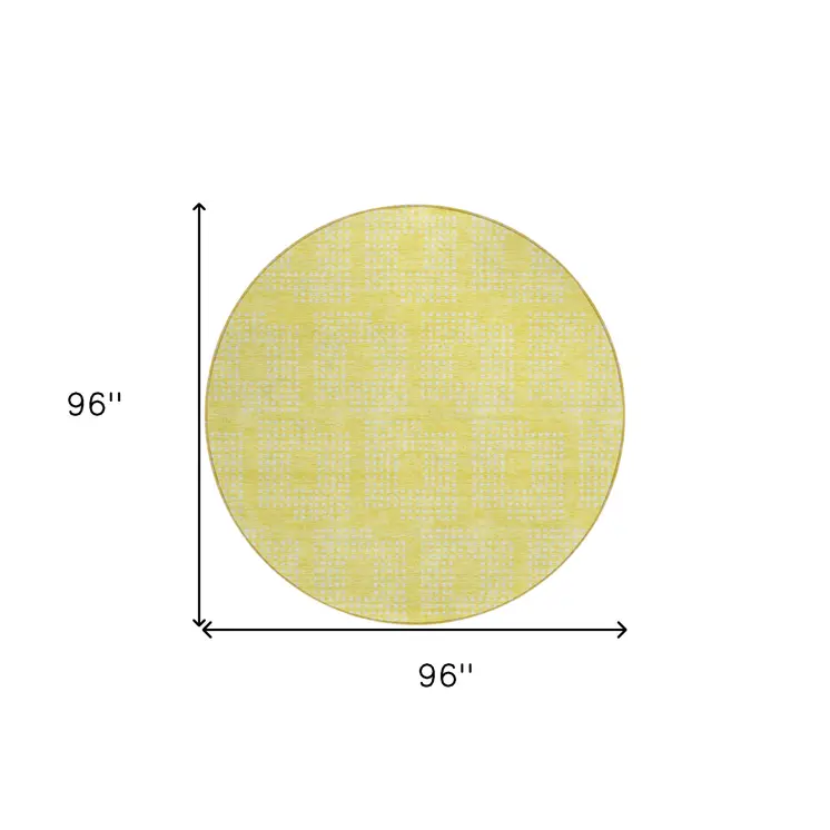 8' Yellow And Ivory Round Geometric Washable Indoor Outdoor Area Rug