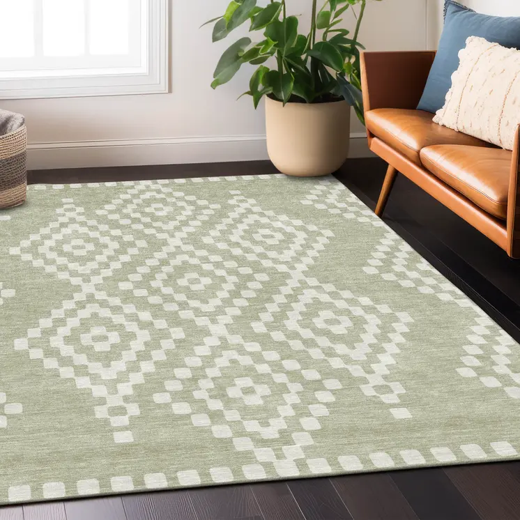 5' X 8' Artichoke Green And Ivory Geometric Washable Indoor Outdoor Area Rug