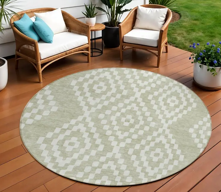 8' Artichoke Green And Ivory Round Geometric Washable Indoor Outdoor Area Rug