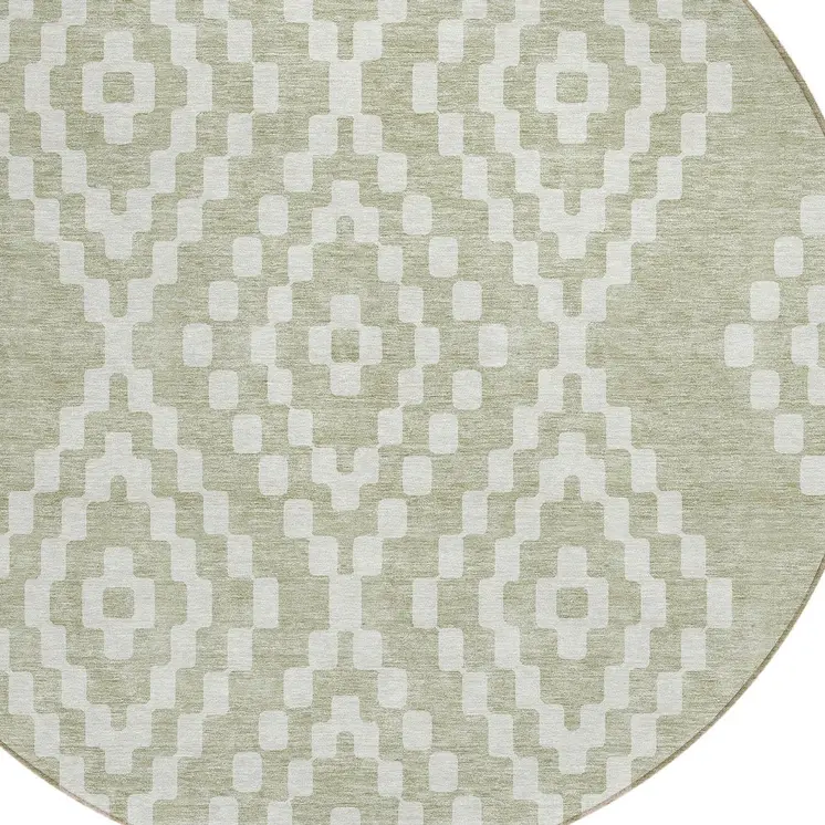 8' Artichoke Green And Ivory Round Geometric Washable Indoor Outdoor Area Rug