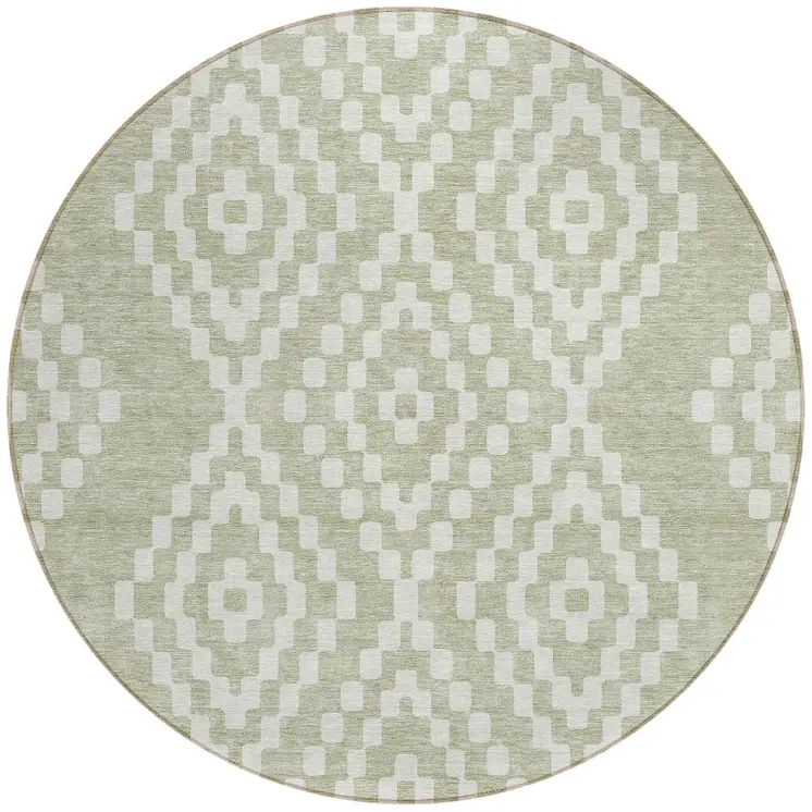 8' Artichoke Green And Ivory Round Geometric Washable Indoor Outdoor Area Rug
