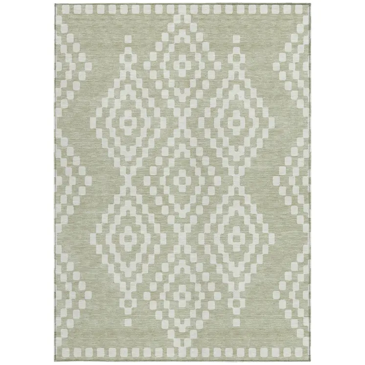 8' X 10' Artichoke Green And Ivory Geometric Washable Indoor Outdoor Area Rug