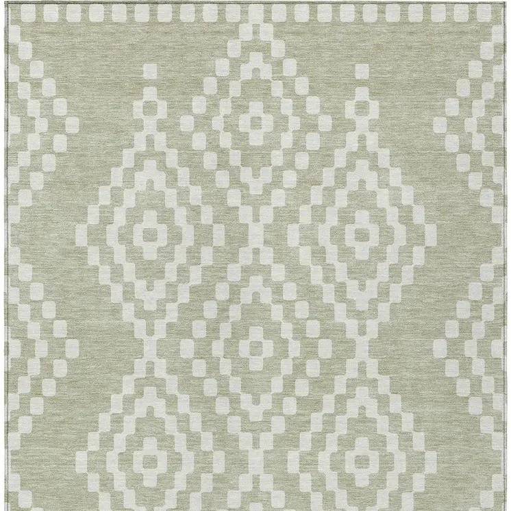 8' X 10' Artichoke Green And Ivory Geometric Washable Indoor Outdoor Area Rug