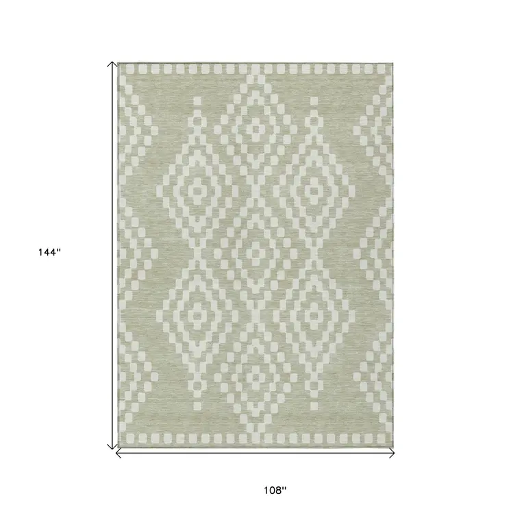 9' X 12' Artichoke Green And Ivory Geometric Washable Indoor Outdoor Area Rug