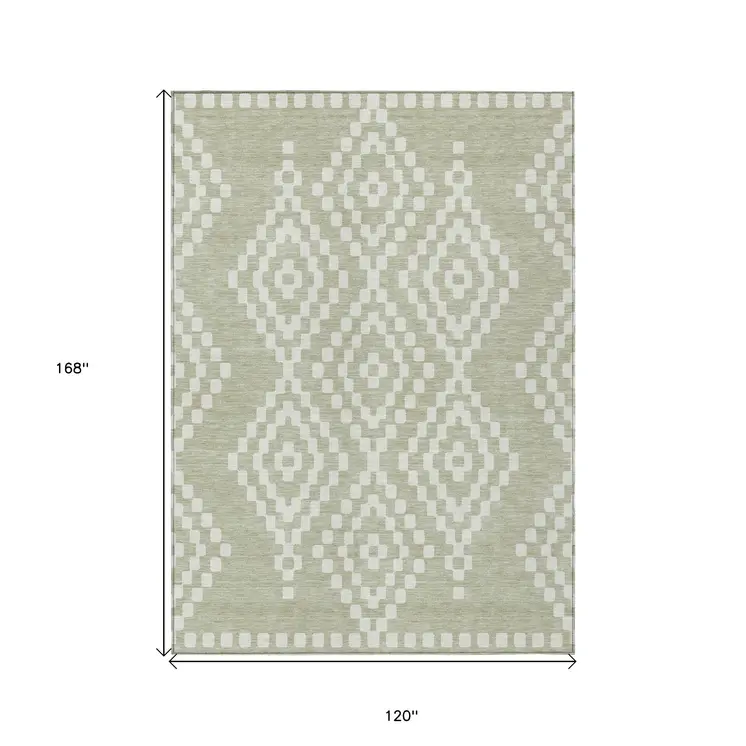 10' X 14' Artichoke Green And Ivory Geometric Washable Indoor Outdoor Area Rug