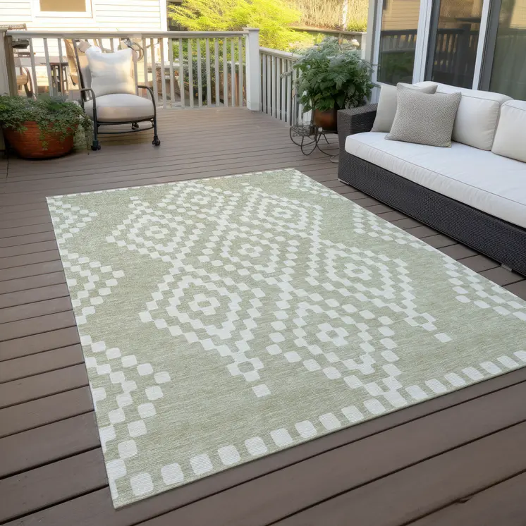 10' X 14' Artichoke Green And Ivory Geometric Washable Indoor Outdoor Area Rug