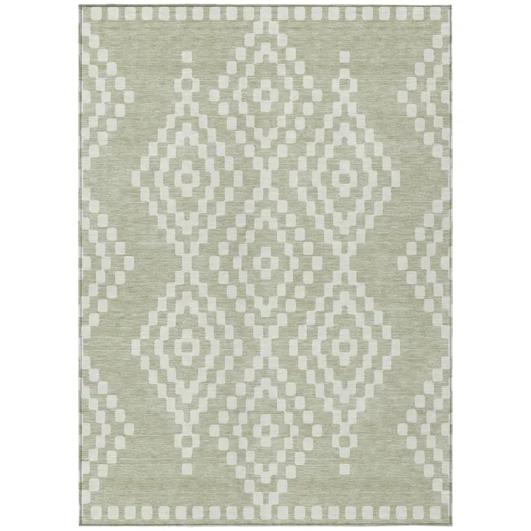 10' X 14' Artichoke Green And Ivory Geometric Washable Indoor Outdoor Area Rug