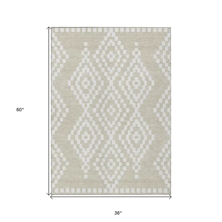 3' X 5' Beige And Ivory Geometric Washable Indoor Outdoor Area Rug