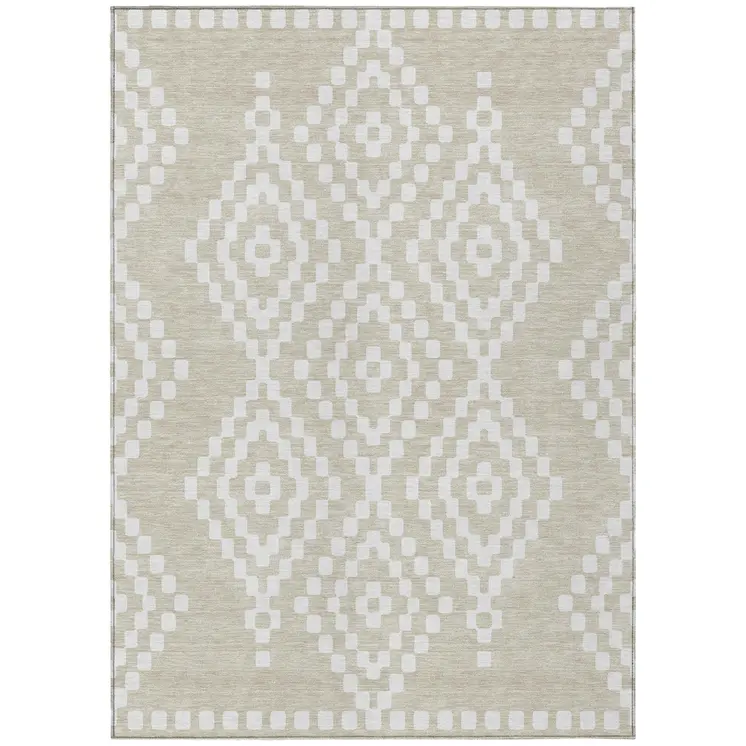 3' X 5' Beige And Ivory Geometric Washable Indoor Outdoor Area Rug