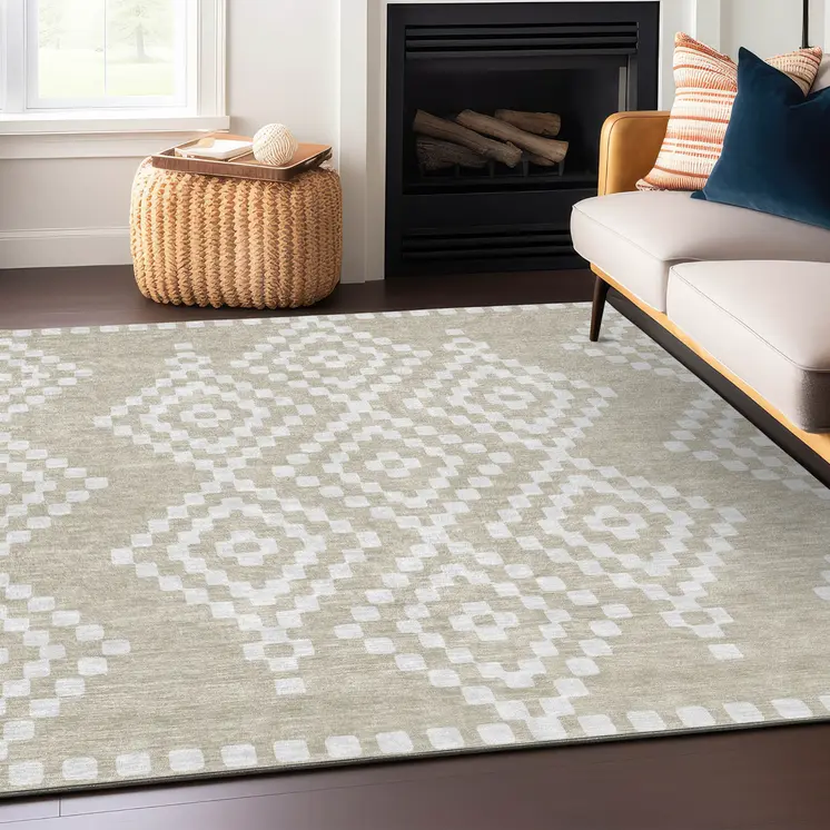 3' X 5' Beige And Ivory Geometric Washable Indoor Outdoor Area Rug
