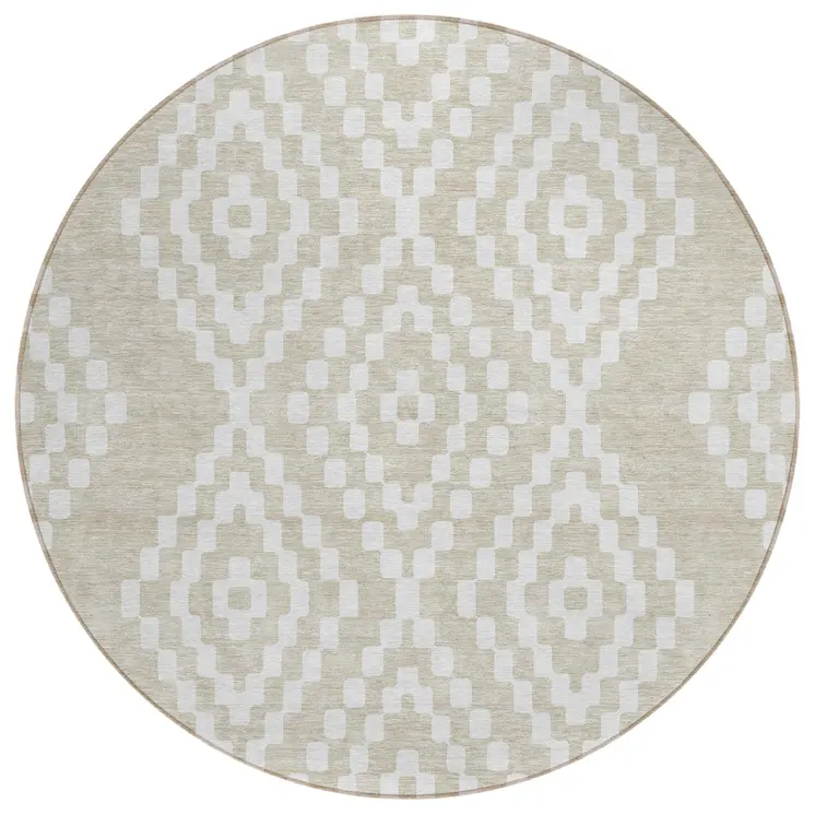 8' Beige And Ivory Round Geometric Washable Indoor Outdoor Area Rug