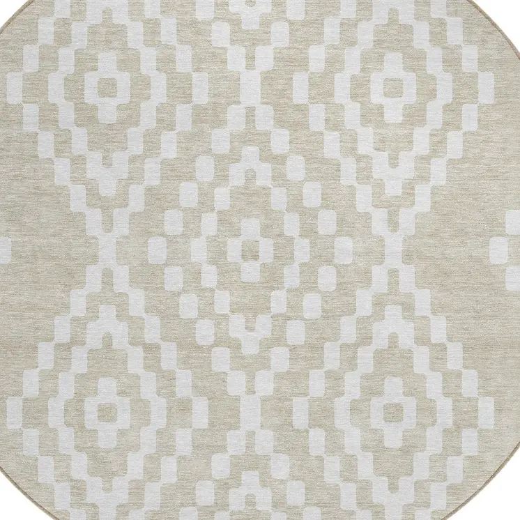 8' Beige And Ivory Round Geometric Washable Indoor Outdoor Area Rug
