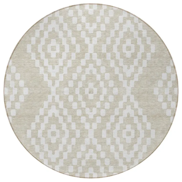 8' Beige And Ivory Round Geometric Washable Indoor Outdoor Area Rug