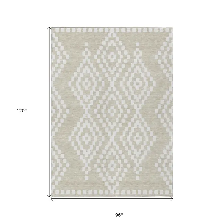 8' X 10' Beige And Ivory Geometric Washable Indoor Outdoor Area Rug