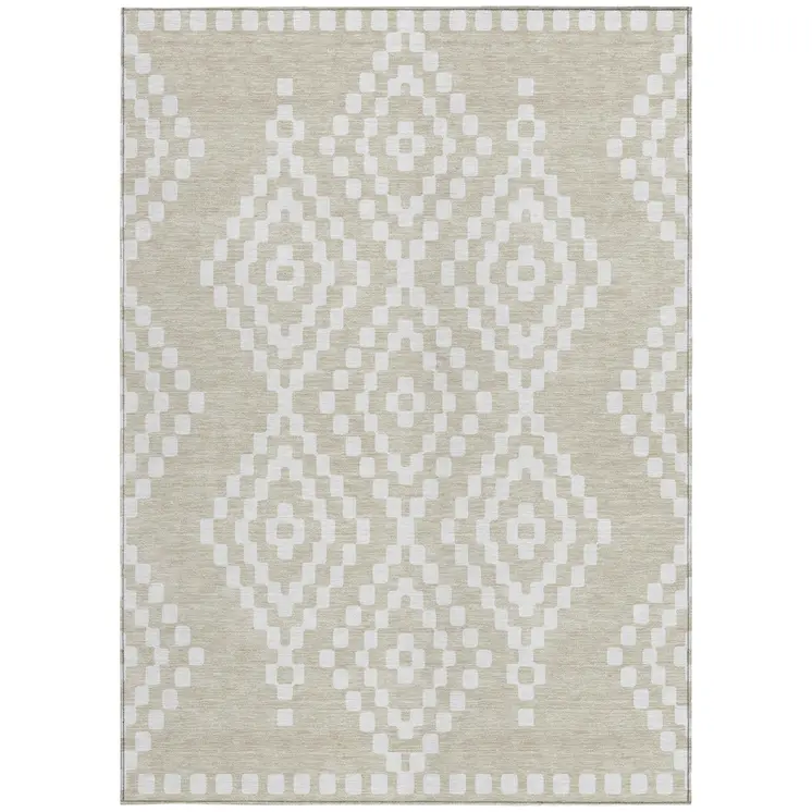 10' X 14' Beige And Ivory Geometric Washable Indoor Outdoor Area Rug