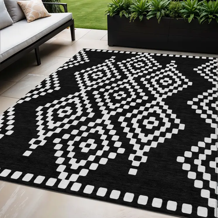 5' X 8' Black And Ivory Geometric Washable Indoor Outdoor Area Rug