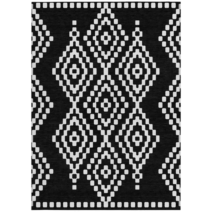 5' X 8' Black And Ivory Geometric Washable Indoor Outdoor Area Rug