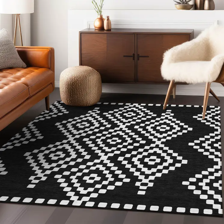 5' X 8' Black And Ivory Geometric Washable Indoor Outdoor Area Rug