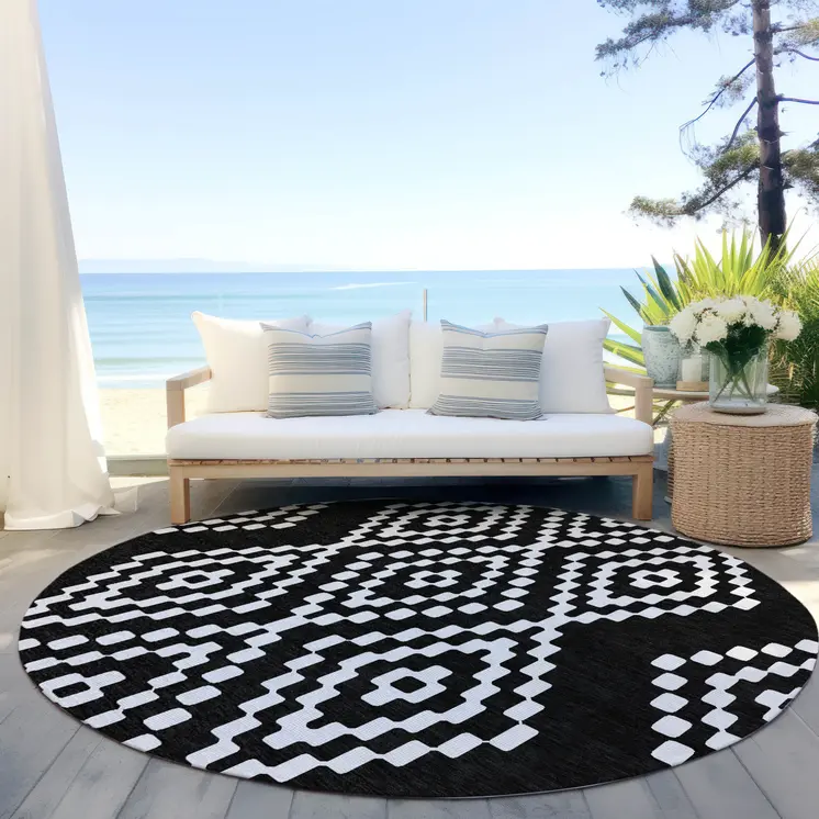 8' Black And Ivory Round Geometric Washable Indoor Outdoor Area Rug