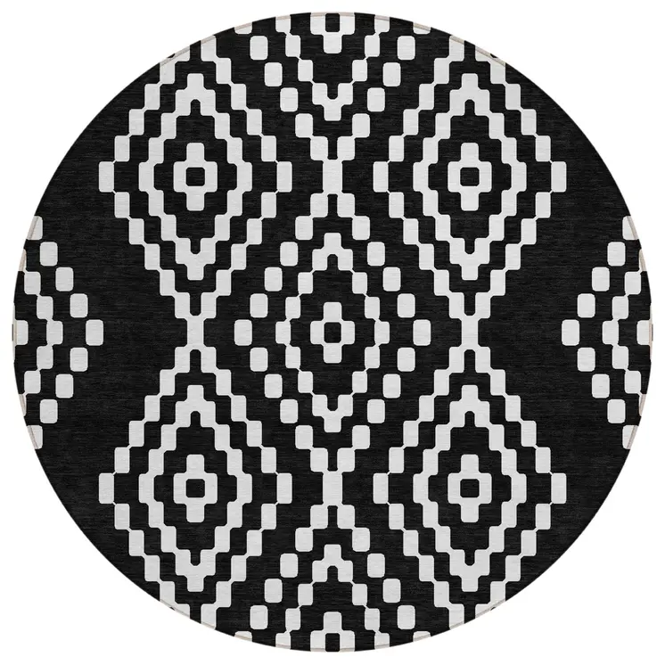 8' Black And Ivory Round Geometric Washable Indoor Outdoor Area Rug