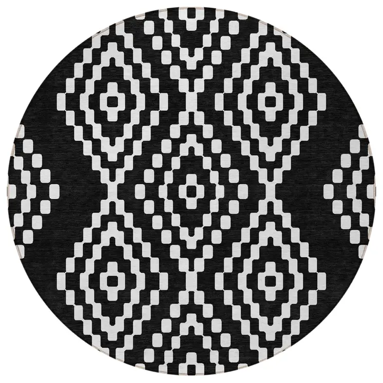 8' Black And Ivory Round Geometric Washable Indoor Outdoor Area Rug