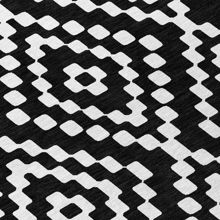 8' Black And Ivory Round Geometric Washable Indoor Outdoor Area Rug
