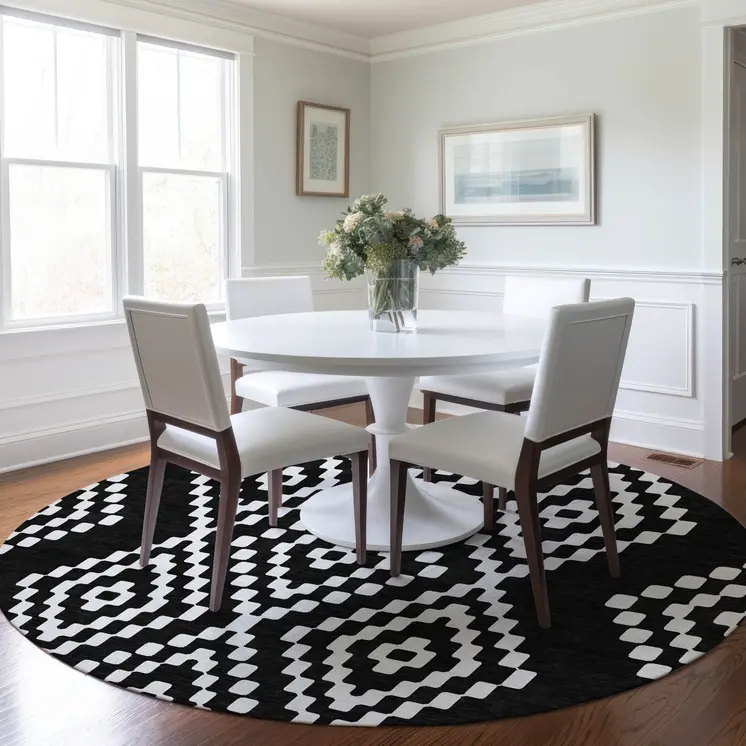 8' Black And Ivory Round Geometric Washable Indoor Outdoor Area Rug