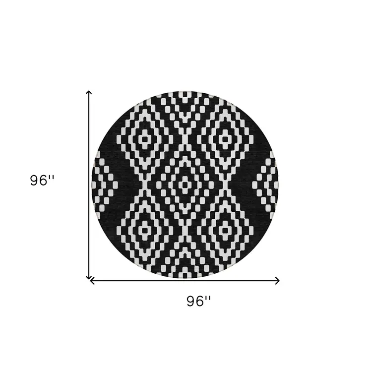8' Black And Ivory Round Geometric Washable Indoor Outdoor Area Rug