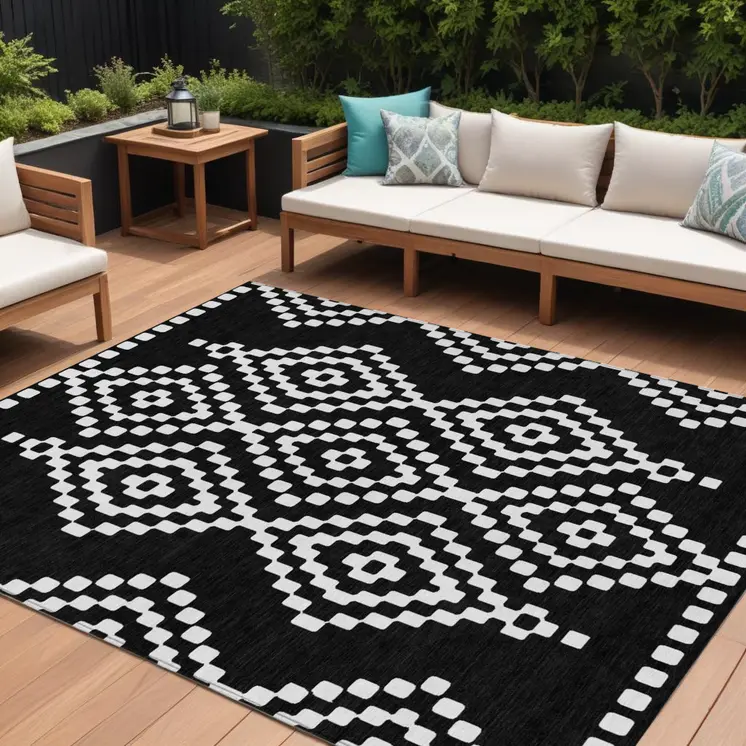 9' X 12' Black And Ivory Geometric Washable Indoor Outdoor Area Rug