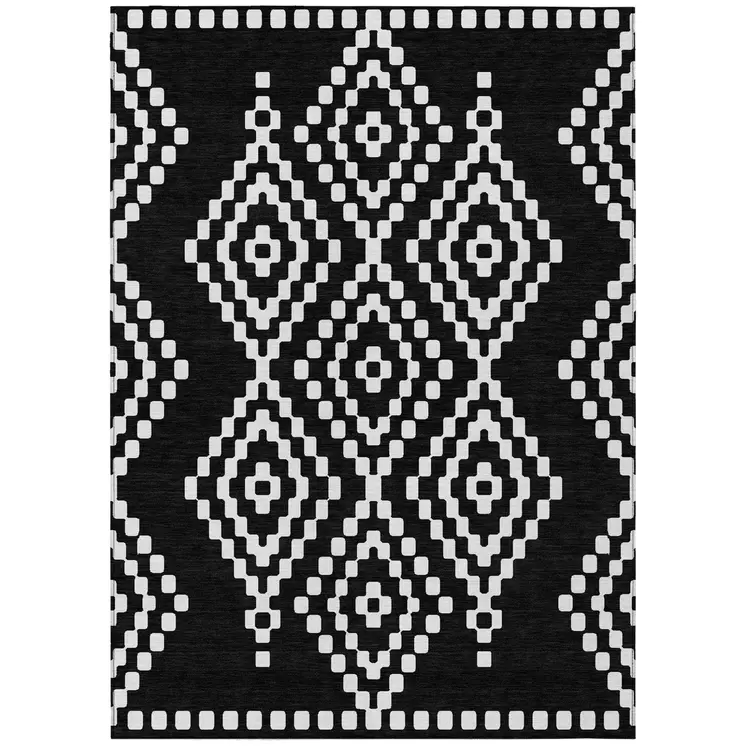 9' X 12' Black And Ivory Geometric Washable Indoor Outdoor Area Rug