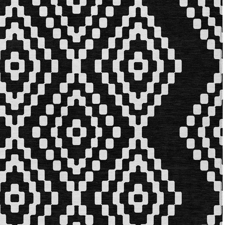 9' X 12' Black And Ivory Geometric Washable Indoor Outdoor Area Rug