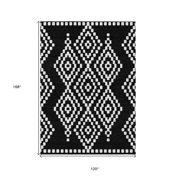 10' X 14' Black And Ivory Geometric Washable Indoor Outdoor Area Rug