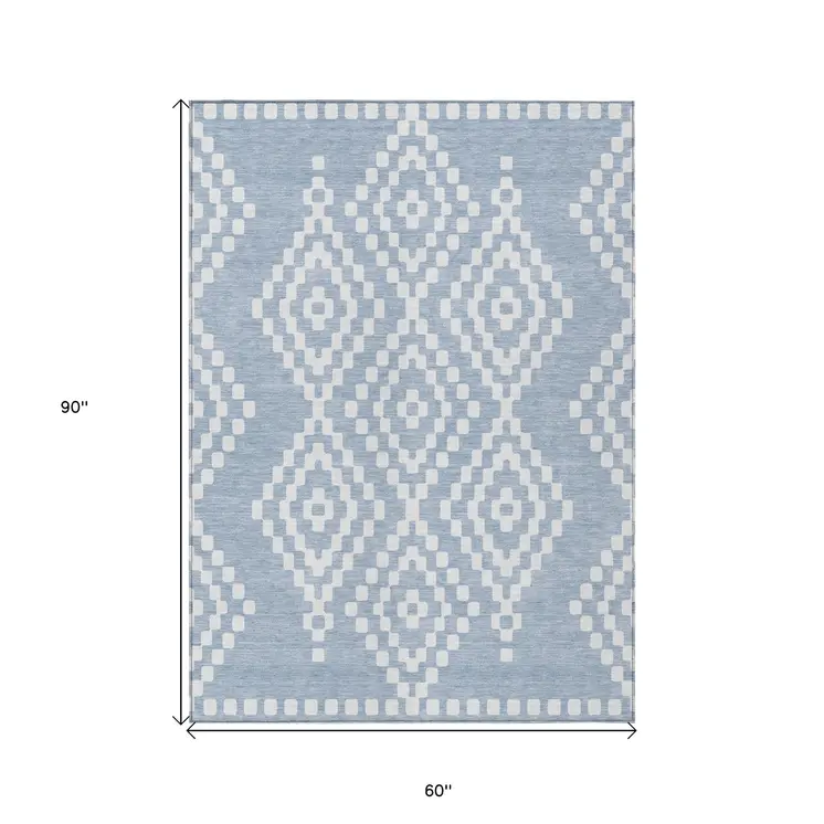 5' X 8' Denim Blue And Ivory Geometric Washable Indoor Outdoor Area Rug