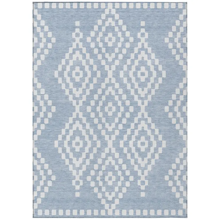 5' X 8' Denim Blue And Ivory Geometric Washable Indoor Outdoor Area Rug