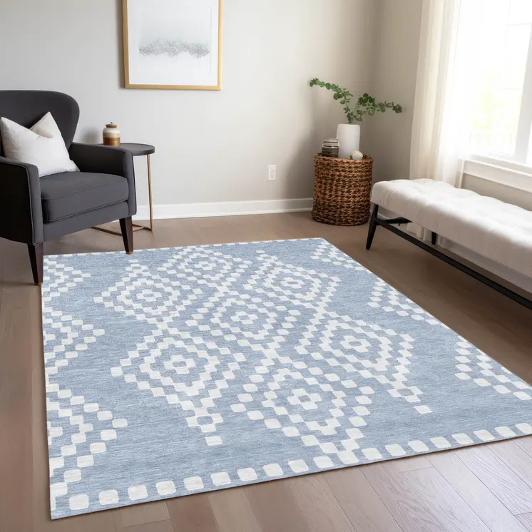 5' X 8' Denim Blue And Ivory Geometric Washable Indoor Outdoor Area Rug