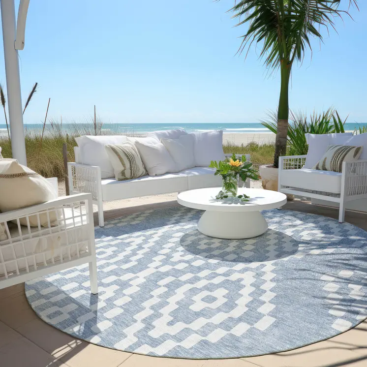 8' Denim Blue And Ivory Round Geometric Washable Indoor Outdoor Area Rug