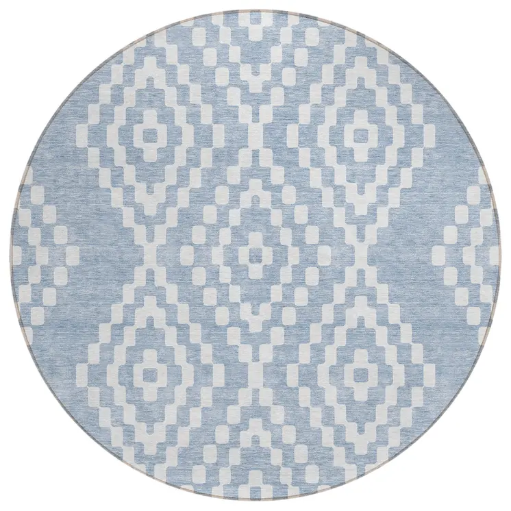8' Denim Blue And Ivory Round Geometric Washable Indoor Outdoor Area Rug