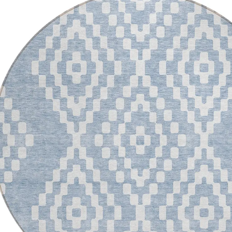 8' Denim Blue And Ivory Round Geometric Washable Indoor Outdoor Area Rug