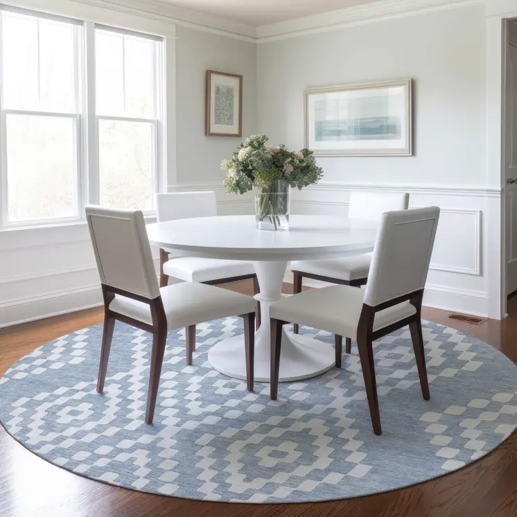 8' Denim Blue And Ivory Round Geometric Washable Indoor Outdoor Area Rug
